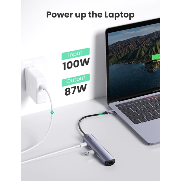 USB-C ჰაბი UGREEN CM418 (10919), 5-in-1 Ultra Slim Hub, USB 3.0, HDMI, RJ45, PD, Gray