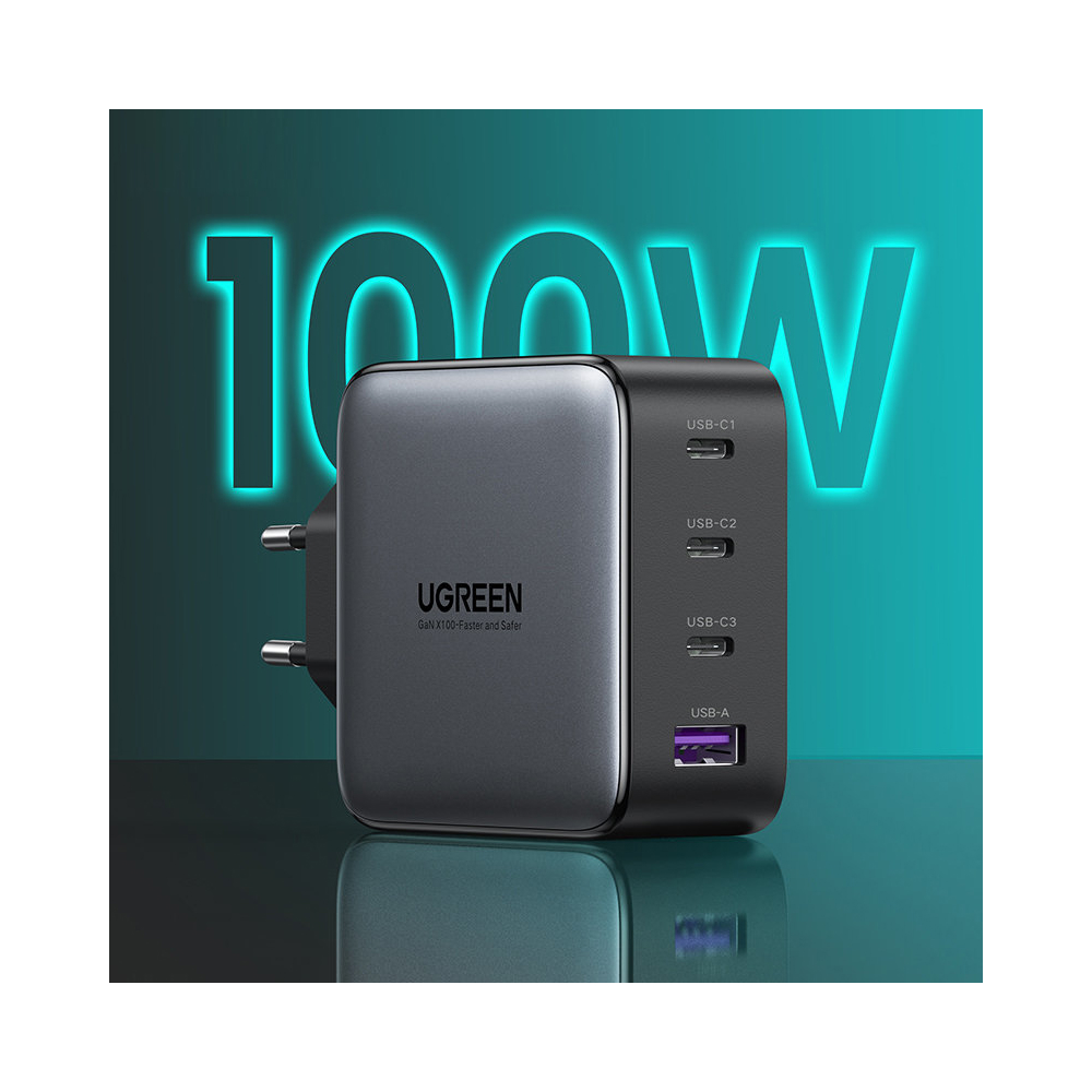 USB-C დამტენი UGREEN CD226 (40747) Nexode GaN Fast Charger, 3xType-C, USB-A, 100W, Black