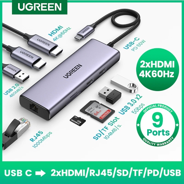 USB-C ჰაბი UGREEN CM490 (90119) Type-C, USB, HDMI, RJ45, SD/TF, PD, Silver