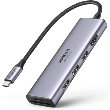 USB-C ჰაბი UGREEN CM511 (60383) 6-in1 Multifunction Type-C USB-C Adapter, 3xUSB3.0, HDMI, SD/TF, Silver 