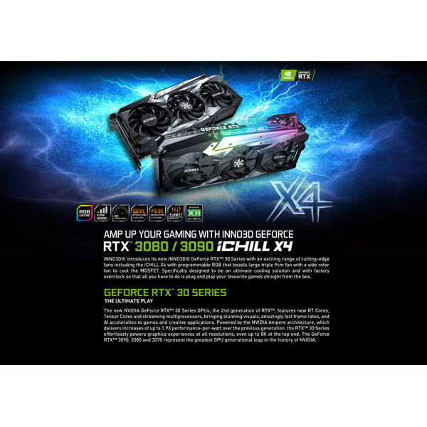 ვიდეო დაფა Inno3D iChill X4 LHR, Gaming RTX3080, 10Gb, 320bit, HDMI, DP, Black