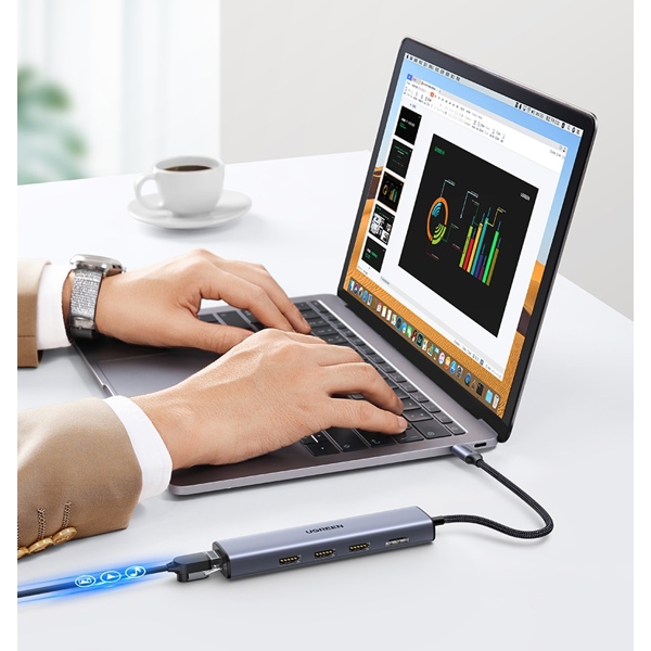 USB-C ჰაბი UGREEN CM475 (20934) Type-C Docking Station, 3xUSB3.0, HDMI, RJ45, Gray EOL
