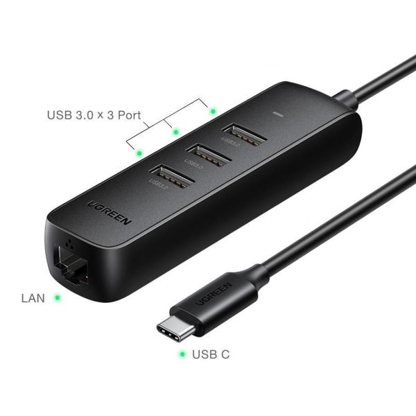 UGREEN CM416 (10917) Type-C Hub Splitter, 3xUSB3.0, RJ45, 0.25m, Black EOL