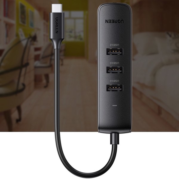 USB-C ჰაბი UGREEN CM416 (10917) Type-C Hub Splitter, 3xUSB3.0, RJ45, 0.25m, Black EOL