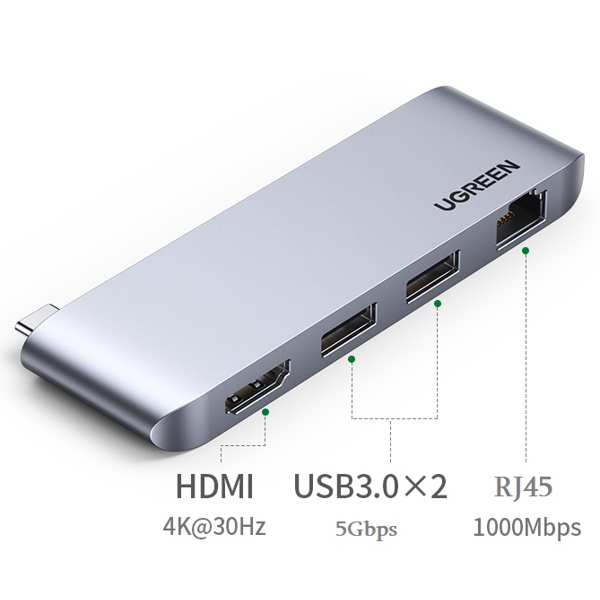 USB-C ჰაბი UGREEN CM458 (20490) Type-C Docking Station, 2xUSB3.0, HDMI, RJ45, Silver