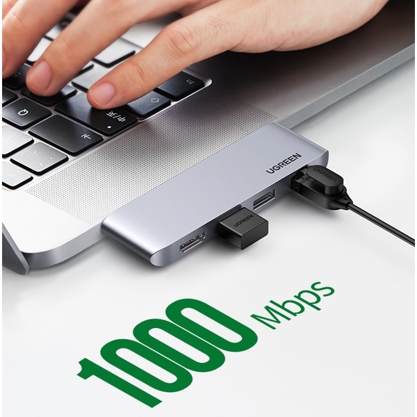 USB-C ჰაბი UGREEN CM458 (20490) Type-C Docking Station, 2xUSB3.0, HDMI, RJ45, Silver