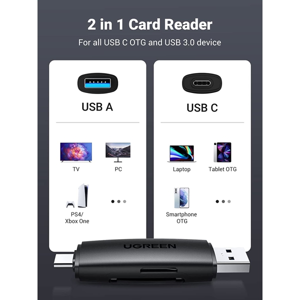 ბარათის წამკითხველი UGREEN CM304 (80191) Multifunction Card Reader, USB-A, USB-C, SD/TF, Black