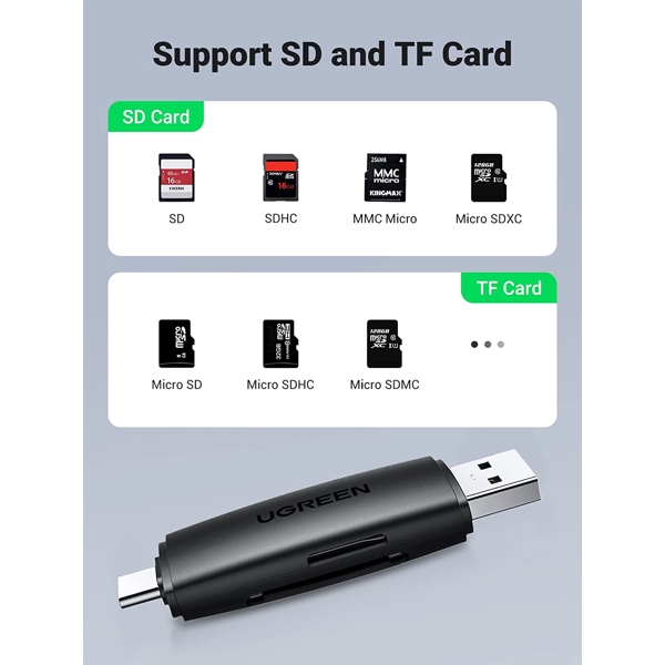 ბარათის წამკითხველი UGREEN CM304 (80191) Multifunction Card Reader, USB-A, USB-C, SD/TF, Black