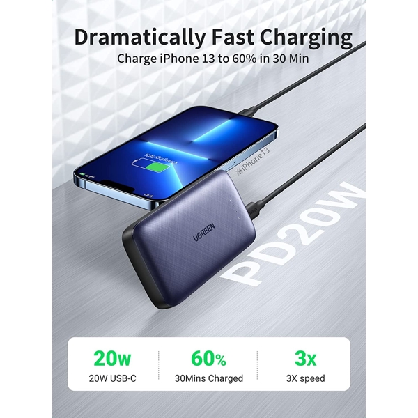 UGREEN PB178 (80749) Mini PD Fast Charging Power Bank, 10000mAh, USB-C, USB-A, Blue EOL