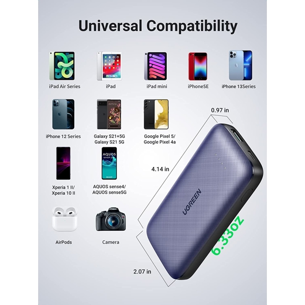 UGREEN PB178 (80749) Mini PD Fast Charging Power Bank, 10000mAh, USB-C, USB-A, Blue EOL