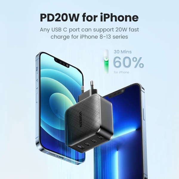 მობილურის დამტენი UGREEN CD224 (70774), GaN, 65W, Type-C, USB, Black