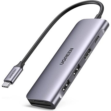 Type-C ჰაბი UGREEN CM195 (70411) Type-C 6-in-1 USB-C Hub, 2xUSB3.0, HDMI, TF/SD, PD, Gray