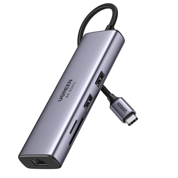 USB-C ჰაბი UGREEN CM512 (60515) USB, Type-C, HDMI, SD/TF, PD 100W, RJ45, Gray