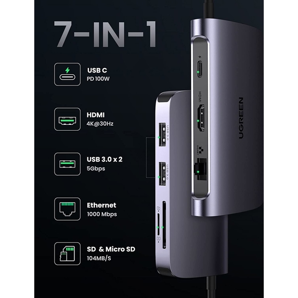 USB-C ჰაბი UGREEN CM212 (50852) USB-C 7-in-1 Multifunctional Adapter, 1xUSB 3.0, HDMI, RJ45, PD, Gray