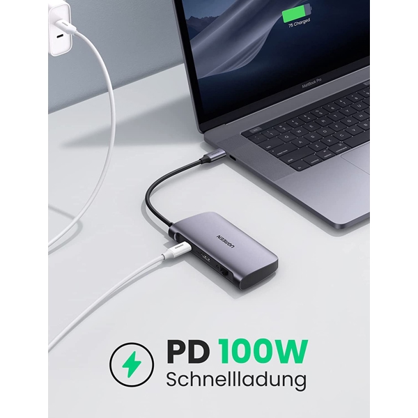 USB-C ჰაბი UGREEN CM212 (50852) USB-C 7-in-1 Multifunctional Adapter, 1xUSB 3.0, HDMI, RJ45, PD, Gray