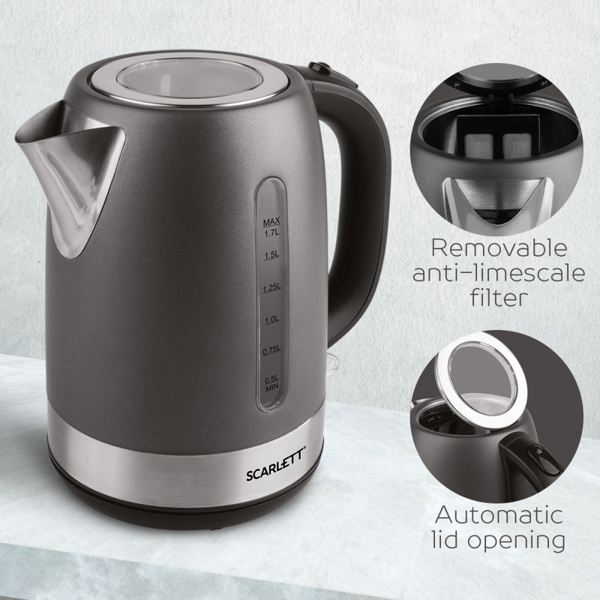 ელექტრო ჩაიდანი Scarlett SC-EK21S71, 2200W, 1.7L, Electric Kettle, Steel