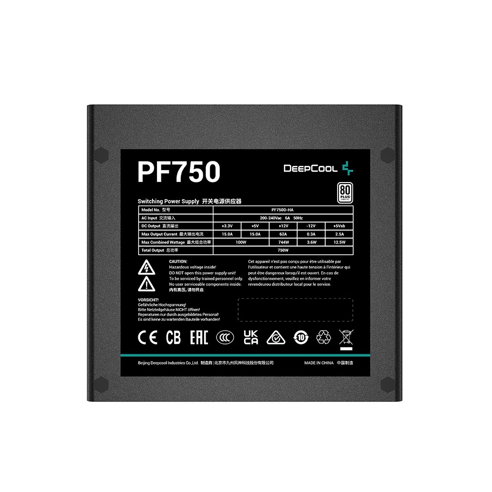 კვების ბლოკი Deepcool PF750, 750W, 80 Plus, Power Supply, Black