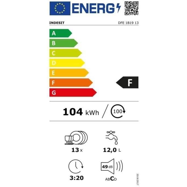 ჭურჭლის სარეცხი მანქანა Indesit DFE1B1913, A, 49 Db,Dishwasher, White