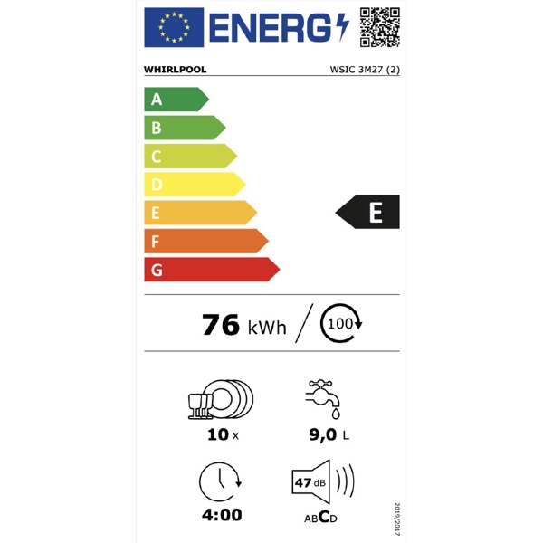 ჩასაშენებელი ჭურჭლის სარეცხი მანქანა Whirlpool WSIC3M27C, Inverter, A++, 47 Db, Bulit In Dishwasher, White