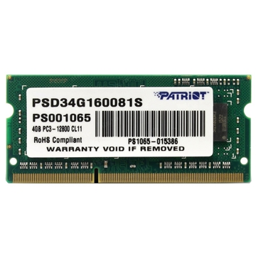 Patriot PSD34G160081S, RAM 4GB, DDR3 SODIMM, 1600MHz