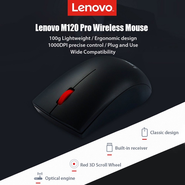 მაუსი Lenovo M120 Pro, Wireless, USB, Mouse, Black