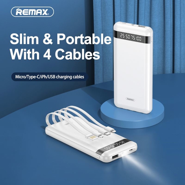პორტატული დამტენი Remax RPP-222, 10000mAh, Micro USB, Type-c, USB-A, Lightning, Power Bank, White