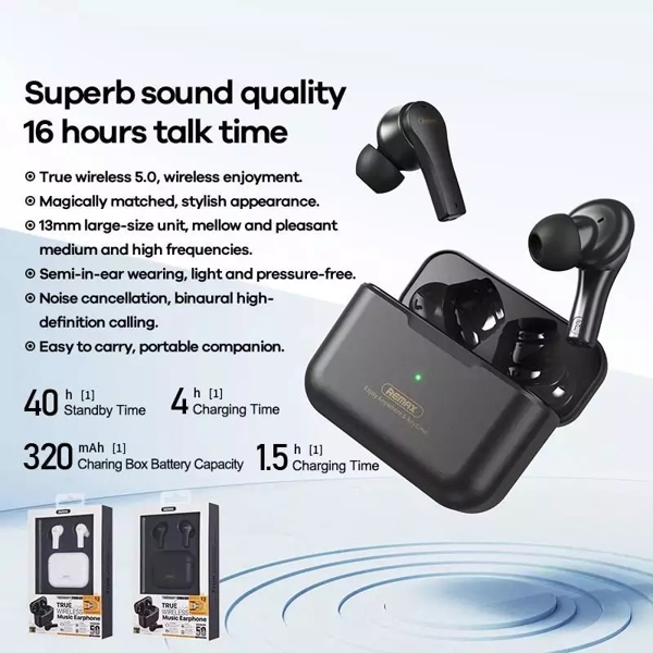 ყურსასმენი Remax TWS-27, Earphones, Wireless, Bluetooth, Black