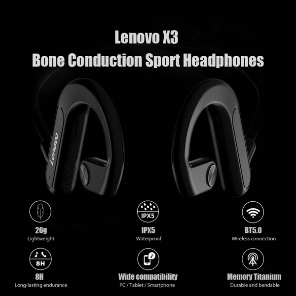 ყურსასმენი Lenovo X3, Headphones, Wireless, Bluetooth, IPX5, Black