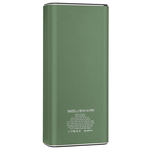 პორტატული დამტენი Gelius GP-PB10-211G, 9600mAh, Micro USB, Type-c, USB-A, Lightning, Power Bank, Green
