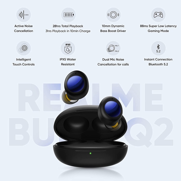 ყურსასმენი Realme RMA2003 Buds Air 2 Neo, Headphones, Wireless, Bluetooth, Active Black