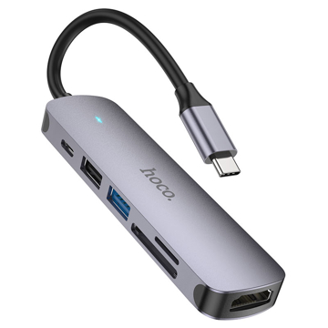 USB-C ჰაბი Hoco HB28, Type-C Multifunction Adapter, HDMI, USB3.0, USB2.0, SD, RJ45, PD, Metal Grey