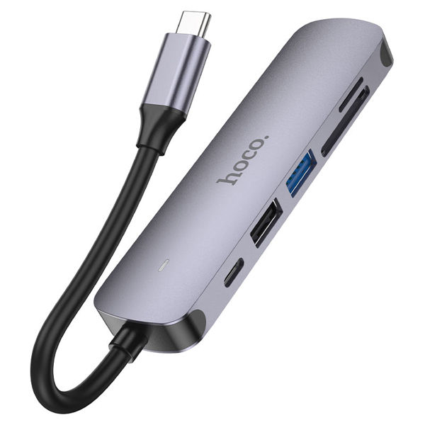 USB-C ჰაბი Hoco HB28, Type-C Multifunction Adapter, HDMI, USB3.0, USB2.0, SD, RJ45, PD, Metal Grey