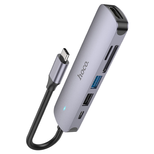 USB-C ჰაბი Hoco HB28, Type-C Multifunction Adapter, HDMI, USB3.0, USB2.0, SD, RJ45, PD, Metal Grey