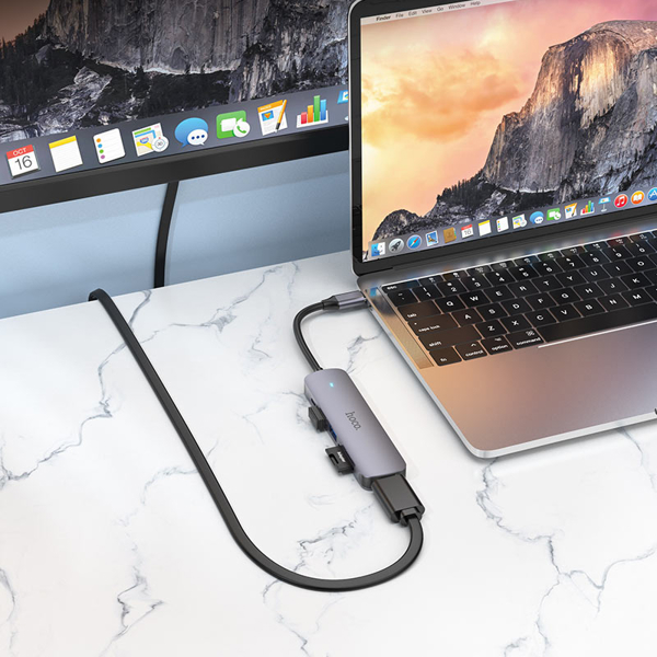 USB-C ჰაბი Hoco HB28, Type-C Multifunction Adapter, HDMI, USB3.0, USB2.0, SD, RJ45, PD, Metal Grey