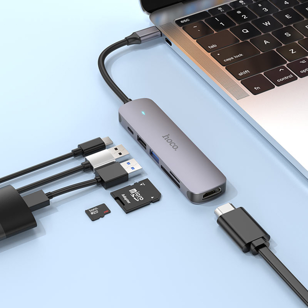 USB-C ჰაბი Hoco HB28, Type-C Multifunction Adapter, HDMI, USB3.0, USB2.0, SD, RJ45, PD, Metal Grey