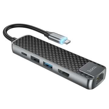 USB-C ჰაბი Hoco HB23, Type-C Multifunction Adapter, HDMI, USB3.0, USB2.0, RJ45, PD, Metal Grey