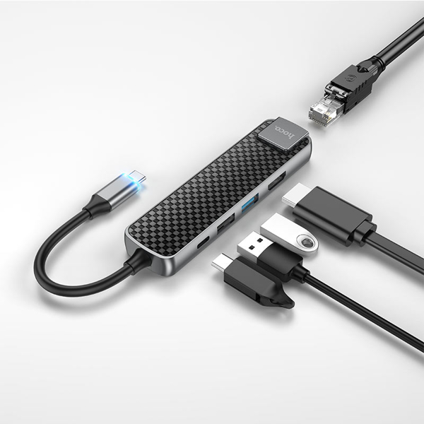 USB-C ჰაბი Hoco HB23, Type-C Multifunction Adapter, HDMI, USB3.0, USB2.0, RJ45, PD, Metal Grey