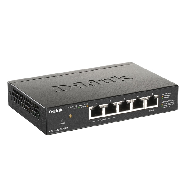 D-Link DGS-1100-05PDV2/A1A, 5-Port Gigabit, POE + Switch, Black