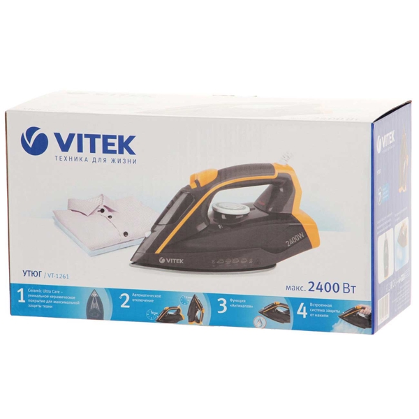 ორთქლის უთო Vitek VT 1261, 2400W, 300ML, Steam Iron, Black/Orange