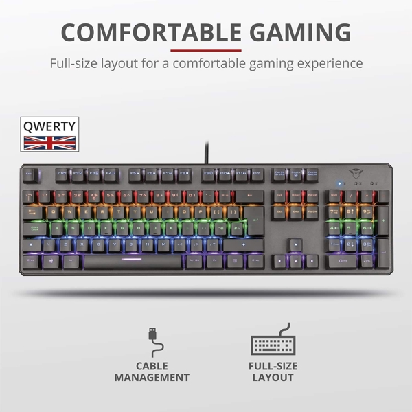 კლავიატურა Trust GXT865, Wired, RGB, USB, Gaming Keyboard, Black