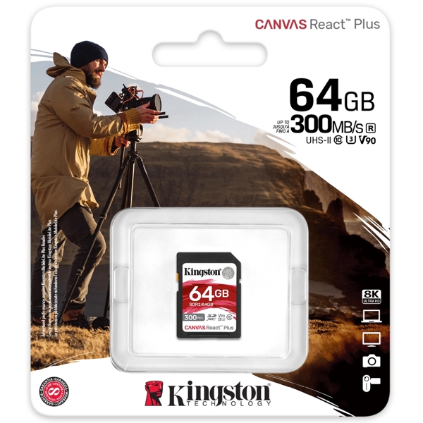 მეხსიერების ბარათი Kingston SDR2/64GB, 64GB, SDXC, C10, UHS-II, U3, Black 