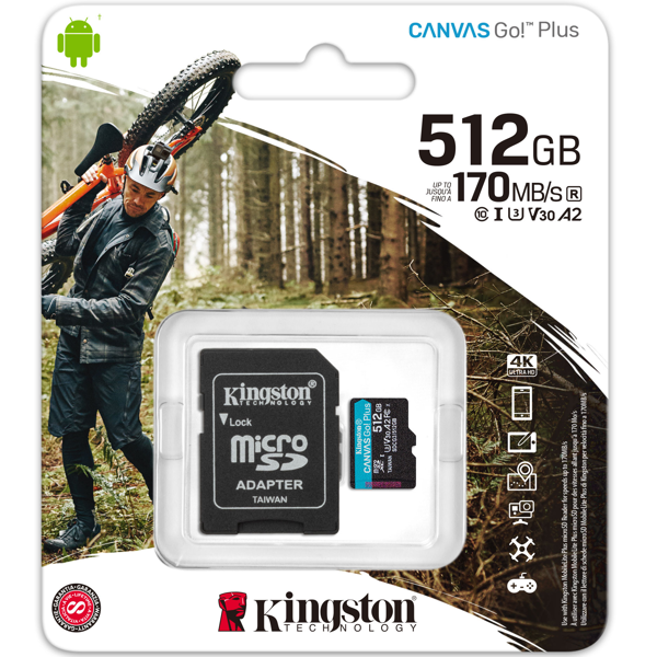 მეხსიერების ბარათი Kingston SDCG3/512GB Canvas Go Plus, 512GB, MicroSDXC, C10, UHS-I, Black