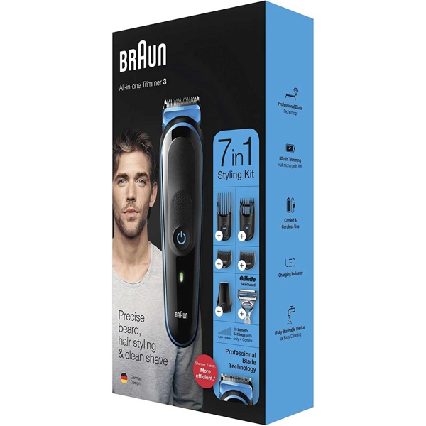 თმისა და წვერის საპარსი Braun MGK3242, Hair Trimmer with Gillette Fusion5 ProGlide Razor, Black/Blue