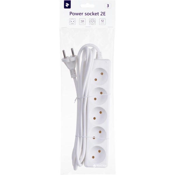 დენის გამანაწილებელი 2E 2E-U05M3, 5 Socket, 3m, White