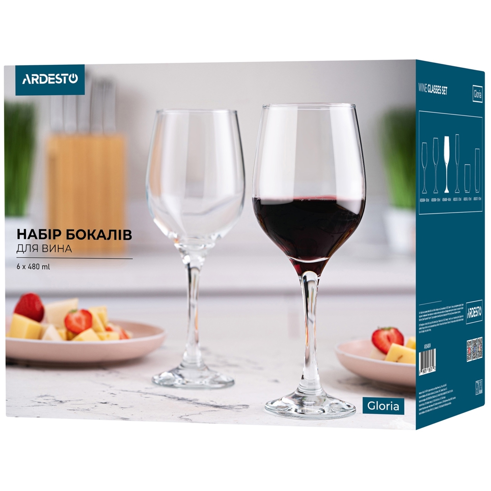 ღვინის ჭიქების ნაკრები Ardesto AR2648GW, 0.48l, 6 Pcs Wine Glasses Set