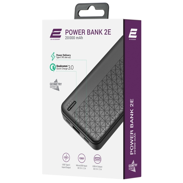 პორტატული დამტენი 2E 2E-PB2072PD, 20000mAh, USB Type-C, USB 3.0, Micro USB, Power Bank, Black