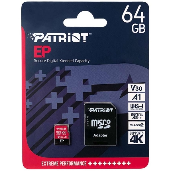 მეხსიერების ბარათი Patriot PEF64GEP31MCX, 64GB, SDXC, Memory Card with SD, Black/Yellow
