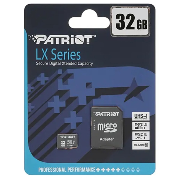 მეხსიერების ბარათი Patriot PSF32GMCSDHC10, 32GB, MicroSDHC, Memory Card with SD, Black