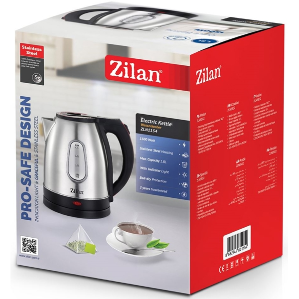 ელექტრო ჩაიდანი Zilan ZLN1154, 1500W, 1.8L, Electric Kettle, Silver