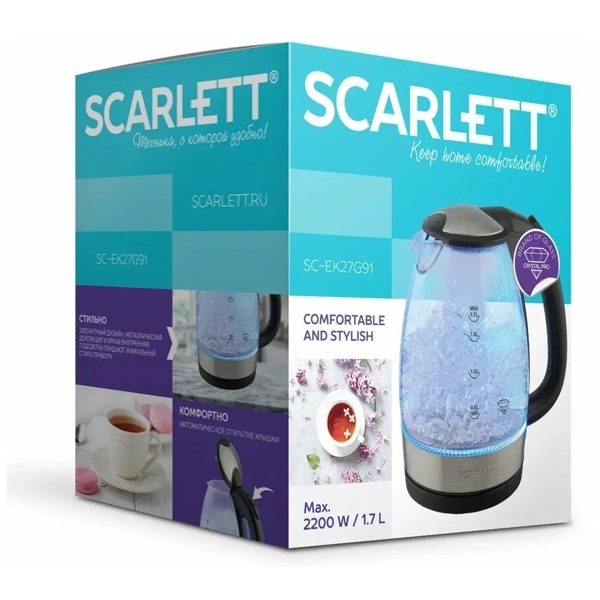 ელექტრო ჩაიდანი Scarlet SC-EK27G91, 2200W, 1.7L, Electric Kettle, Black